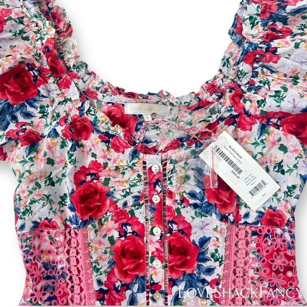 LoveShackFancy **NWT** Bryant Ruffle Trim Button Front Top in Rush of Red Floral - Picture 13 of 16